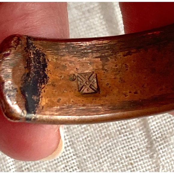 Artisan Recycled Copper & Brass Cuff Bracelet w/ Modernist Disk/Circle Design - Picture 6 of 11